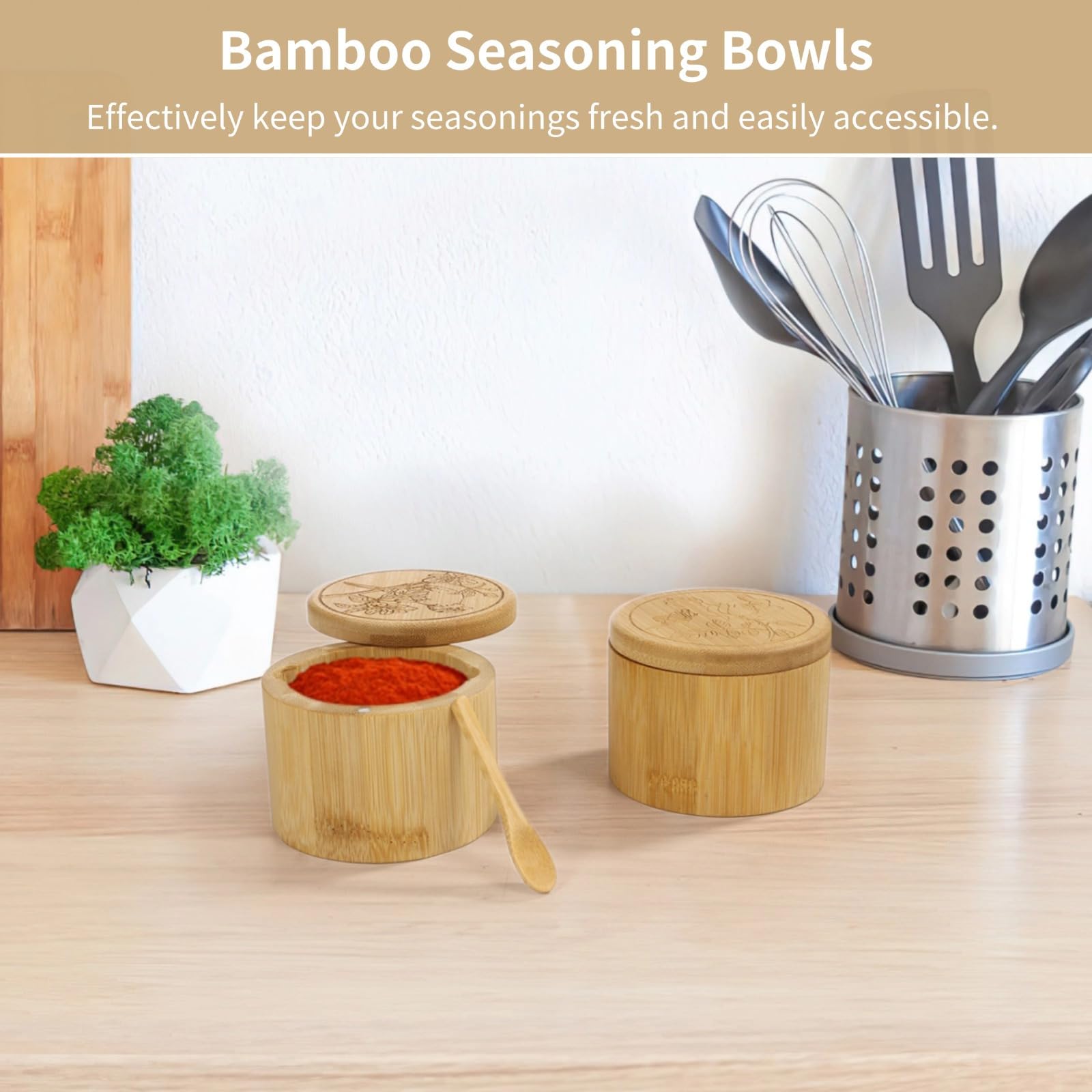 2 Bamboo Salt & Pepper Bowls with Swivel Lids and Spoons, Engraved Spice Containers for Seasonings, Sugar, and Other Small Items