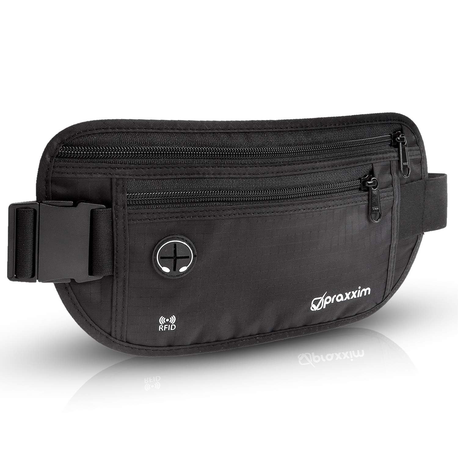 Praxxim Płaska saszetka na brzuch sportowa z ochroną RFID – czarna torba na pasek Money Belt