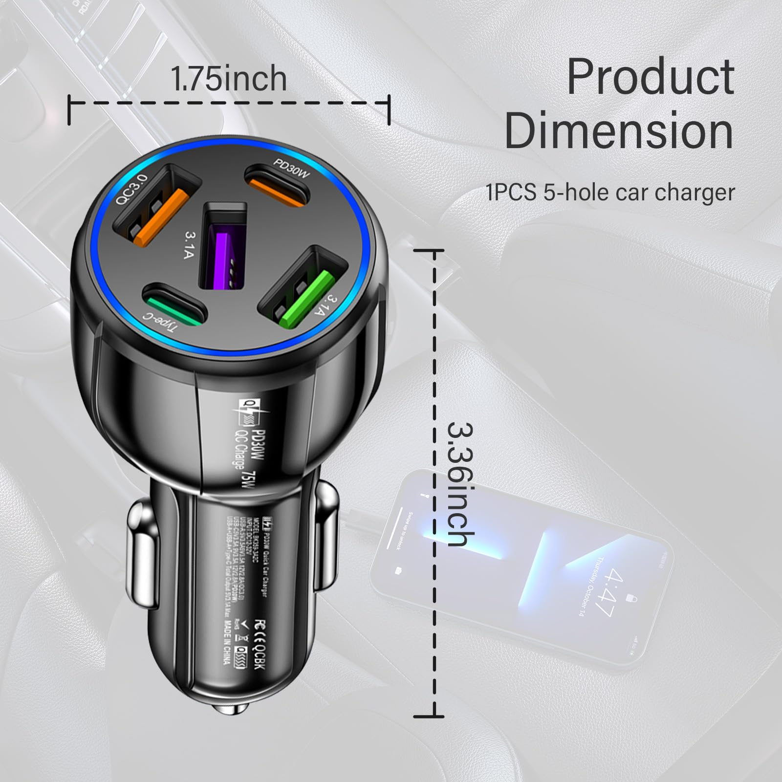 Verbessertes Kfz-Ladegerät USB C mit 5 Ports, 75 W Zigarettenanzünder-Adapter mit Typ-C und QC 3.0 ultraschnellem Ladeanschluss, universeller Kfz-Ladeadapter für Navigator, Dashcam (schwarz)