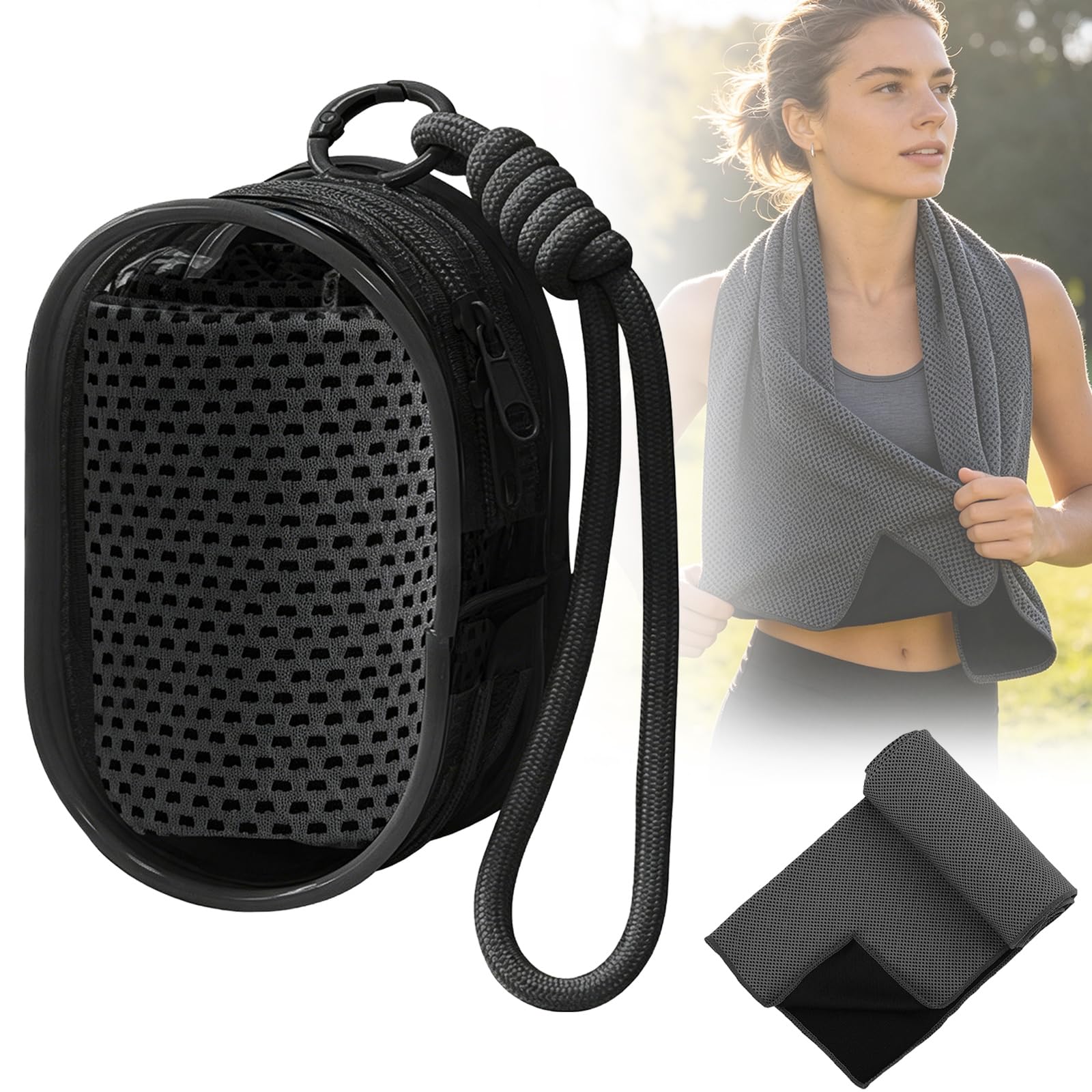 Portable Ice Cooling Towel, Instant Chill Evaporative Sports Towel with Matching Storage Carry Bag, Quick Dry Breathable Cooling Cloth for Gym Running Cycling Outdoor Activities (Black, 30 * 100cm)