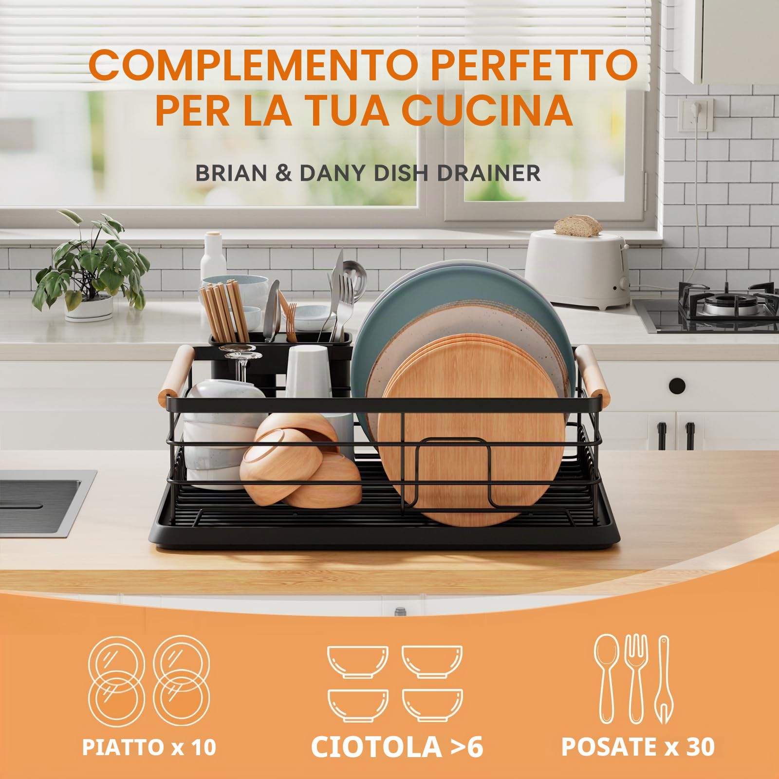 BRIAN & DANY Scolapiatti da Appoggio con Manico in Legno, Nero, 42 × 30 × 15 cm