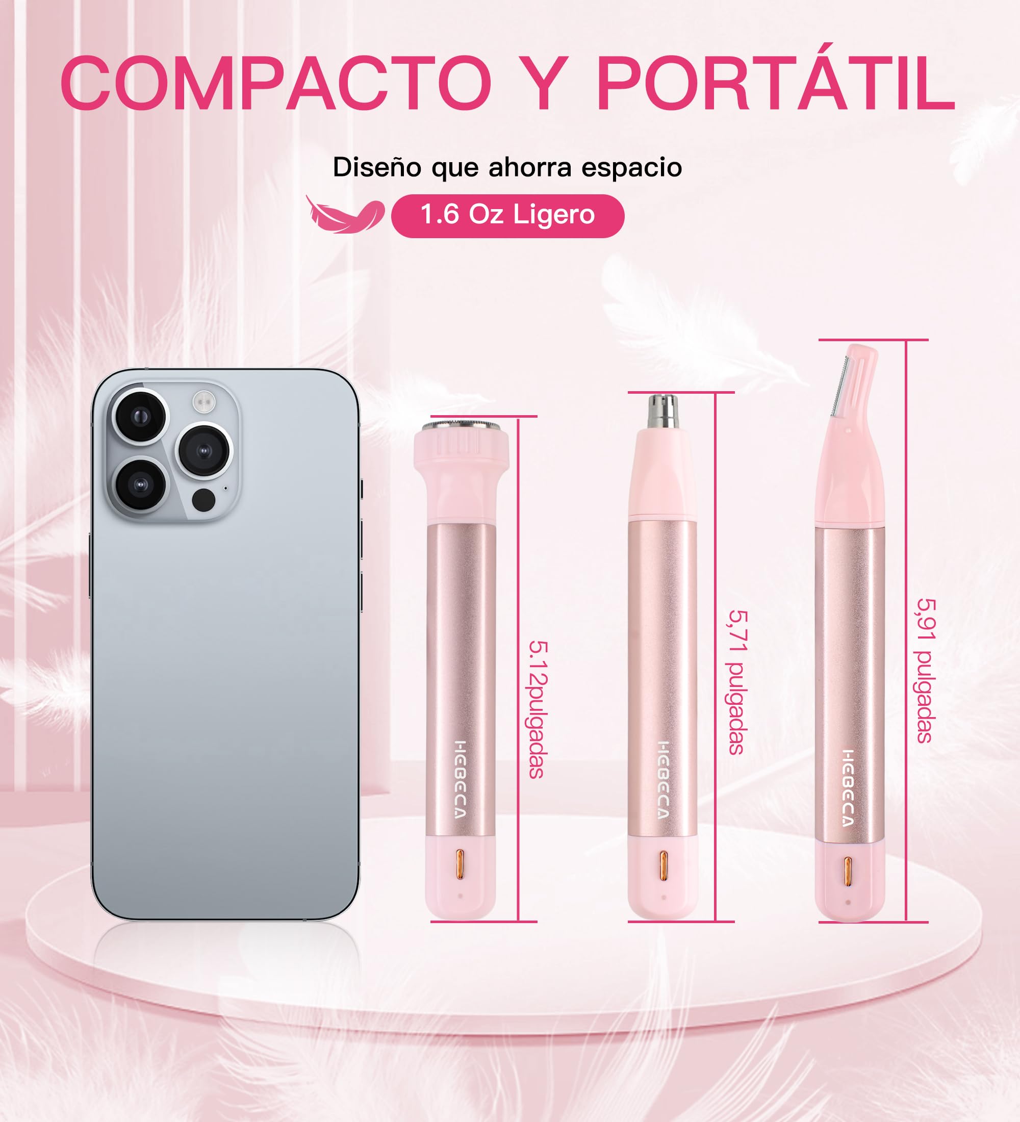 HEBECA Recortadora de vello nasal para mujer 3 en 1 - Recargable, impermeable, portátil con bolsa de viaje - Recorta nariz, oídos, cejas, vello fino, labios, barbilla, eliminador de vello facial (Rosa