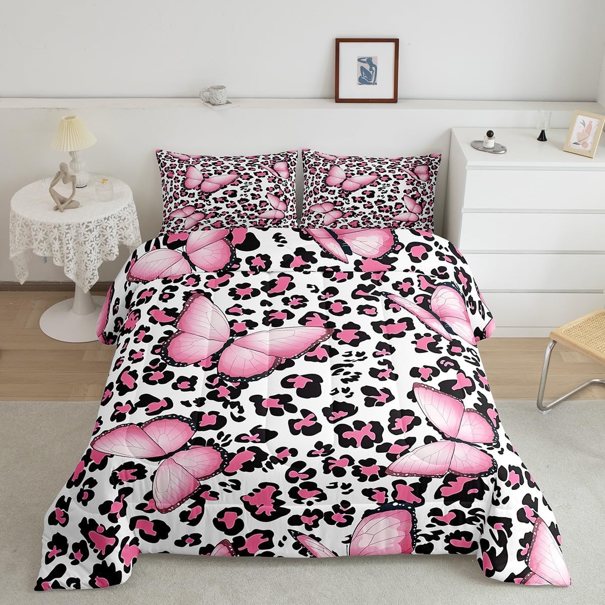 Leopard Print Comforter Set Twin,Pink Butterfly Bedding Set 2pcs for Kids Teens Boy Girl Room Decor,Wild Animals Theme Quilt Set Cheetah Fur Duvet Insert with 1 Pillowcase