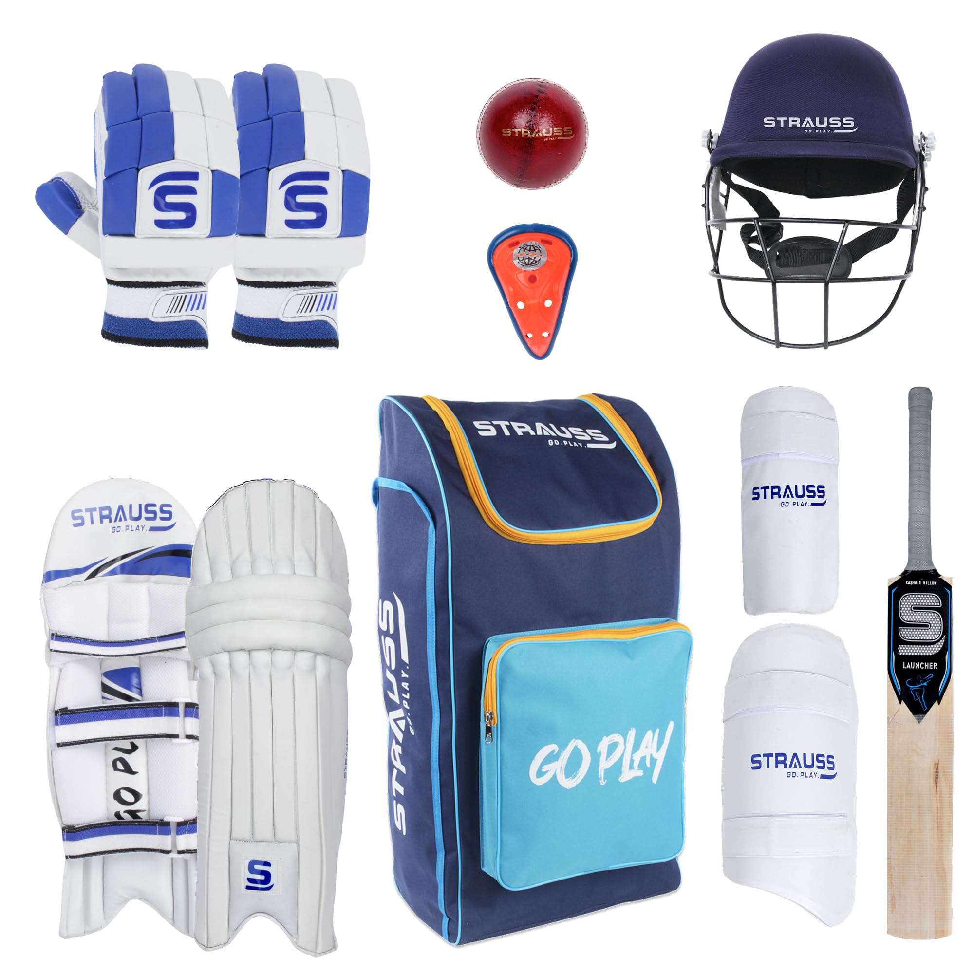 cricket gear Strauss Complete Kit Set with Bat, Ball, Helmet, Pads, Gloves, Guard & Kit Bag | Full Cricket Starter Set for Boys, Youth & Beginners | Right Hand Size:100 Qty - #56 (3