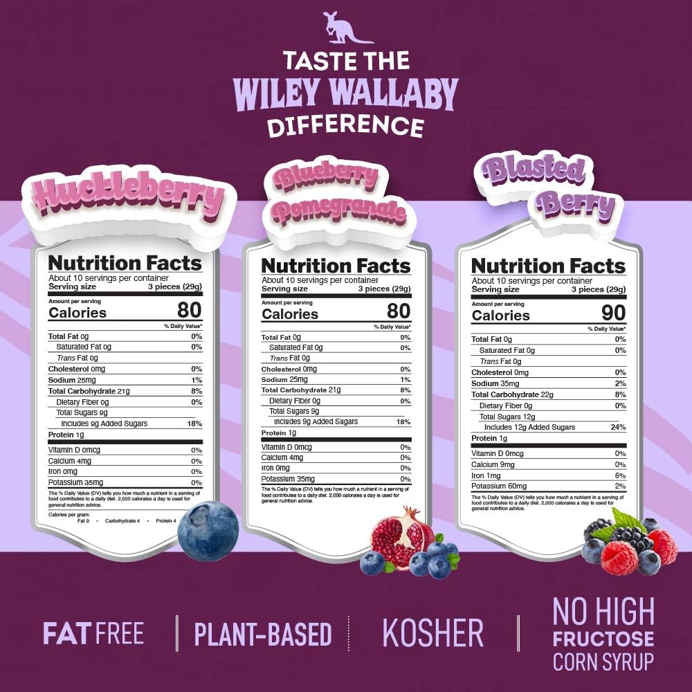 Wiley Wallaby Licorice 10 Ounce Variety Pack - Blueberry Pomegranate, Huckleberry, & Blasted Berry Gourmet Australian Style Soft & Chewy Licorice Candy, 3 Pack