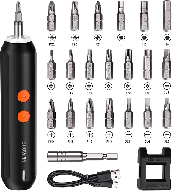 Electric Screwdriver Cordless, Power Screwdriver Set, Includes 5V Cordless Screwdriver Rechargeable with LED Lights, 20pcs Household Bits, USB-C Charging Cable, Magnetizer, Extension Rod, Manual