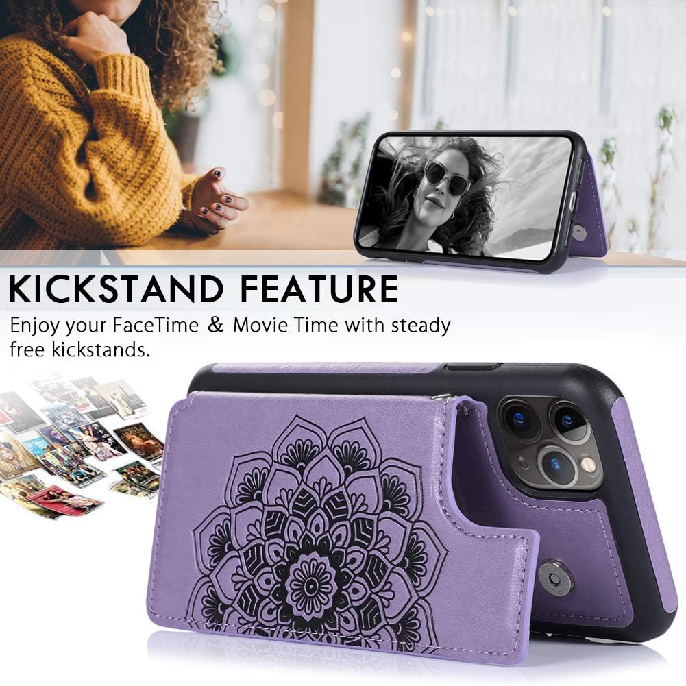 CASEOWL iPhone 11 Pro Max Case,Wallet Case with Card Holder,RFID Blocking,Kick Stand,Wrist Strap,Fit Magnetic Car Mount,Mandala Embossed Leather Back Flip Cover Case for iPhone 11 Pro Max(2019),Purple
