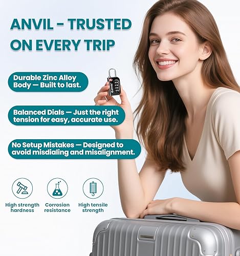 Miniatura 4 de Anvil - Candado de equipaje aprobado por la TSA, candados de combinación de 4 dígitos con grillete de acero endurecido, cerraduras de viaje