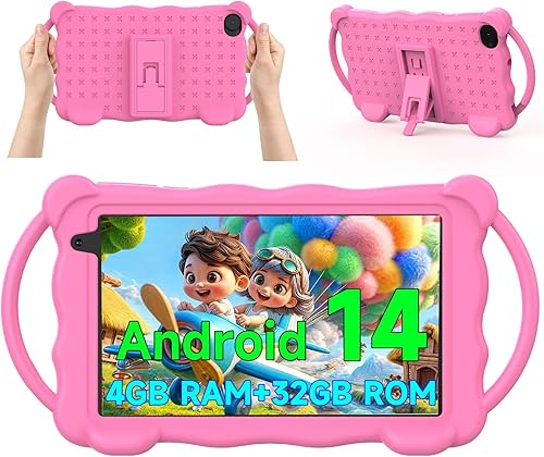 Vyrolinia Tablet para niños de 7 pulgadas, Android 14.0 para niños pequeños, 4 GB RAM 32 GB ROM, Bluetooth, pantalla IPS, Google Play, YouTube,