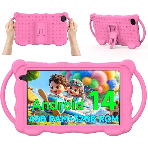 Kids Tablet 7 inch Android 14.0 for Toddler, 4GB RAM 32GB ROM Bluetooth IPS Screen Google Play YouTube Parental Control Dual Camera Shockproof Case for Educational Games (Pink)