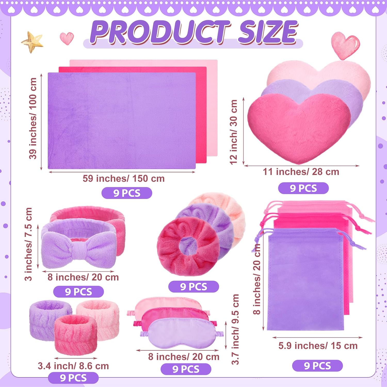 63 Pcs Spa Sleepover Party Supply 9 Fleece Blankets 9 Fluffy Heart Throw Pillows 9 Satin Eye Masks 9 Spa Headband 9 Wristband 9 Plush Scrunchies 9 Gift Bags for Slumber Party (Mixing Color) - Image 2