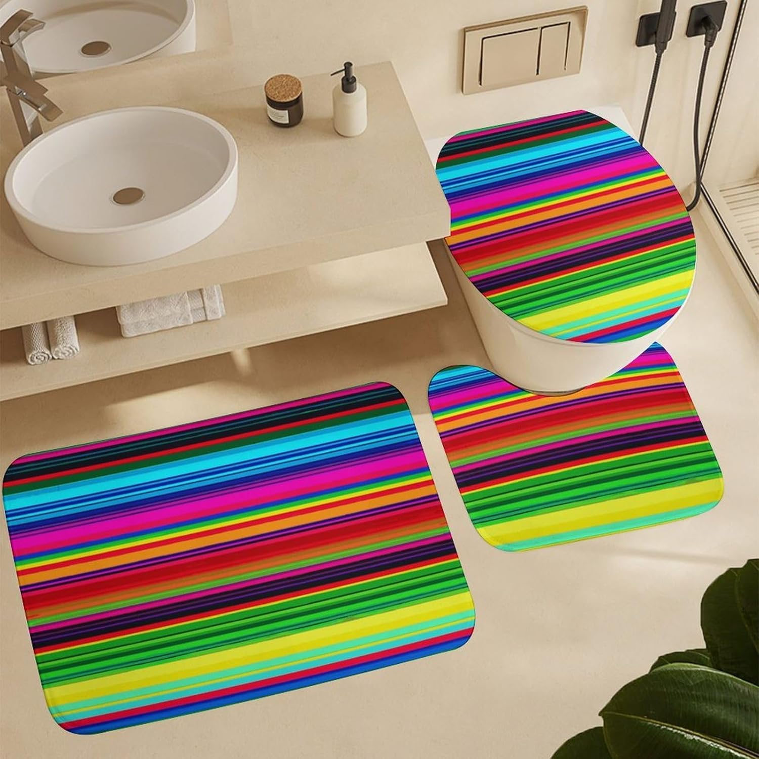 4 Piece Bathroom Rug Set with Shower Curtain, Non-Slip Bath Mat Toilet Cover Set, Colorful Mexican Stripes Bathroom Rug Sets