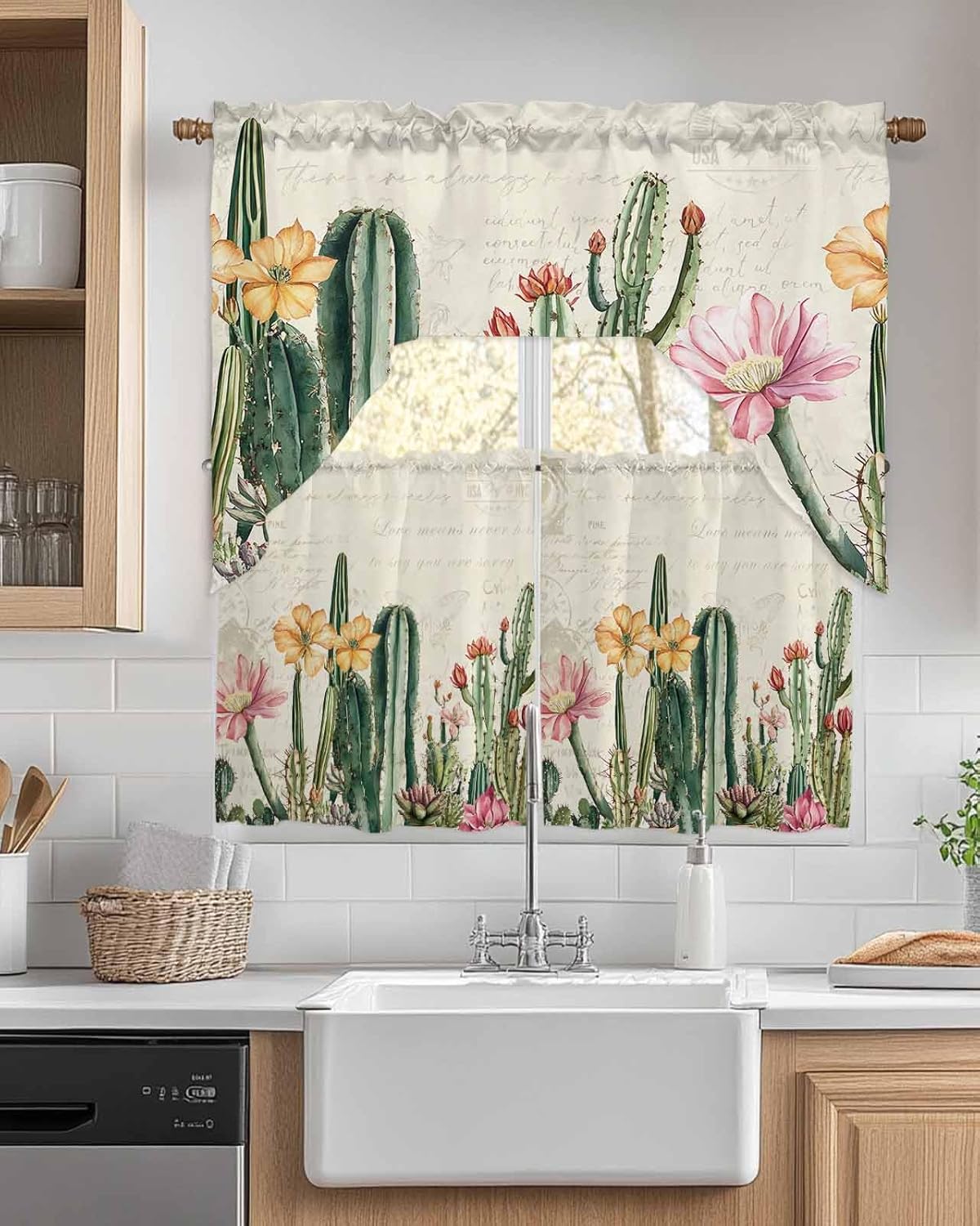 Vintage Green Cactus Kitchen Curtains Sets for Windows 3 Piece, Spring Floral Watercolor Botanical Kitchen Curtains and Valances Tier Set 36 Inch Length Swag Curtain for Living Room Cafe Bathroom
