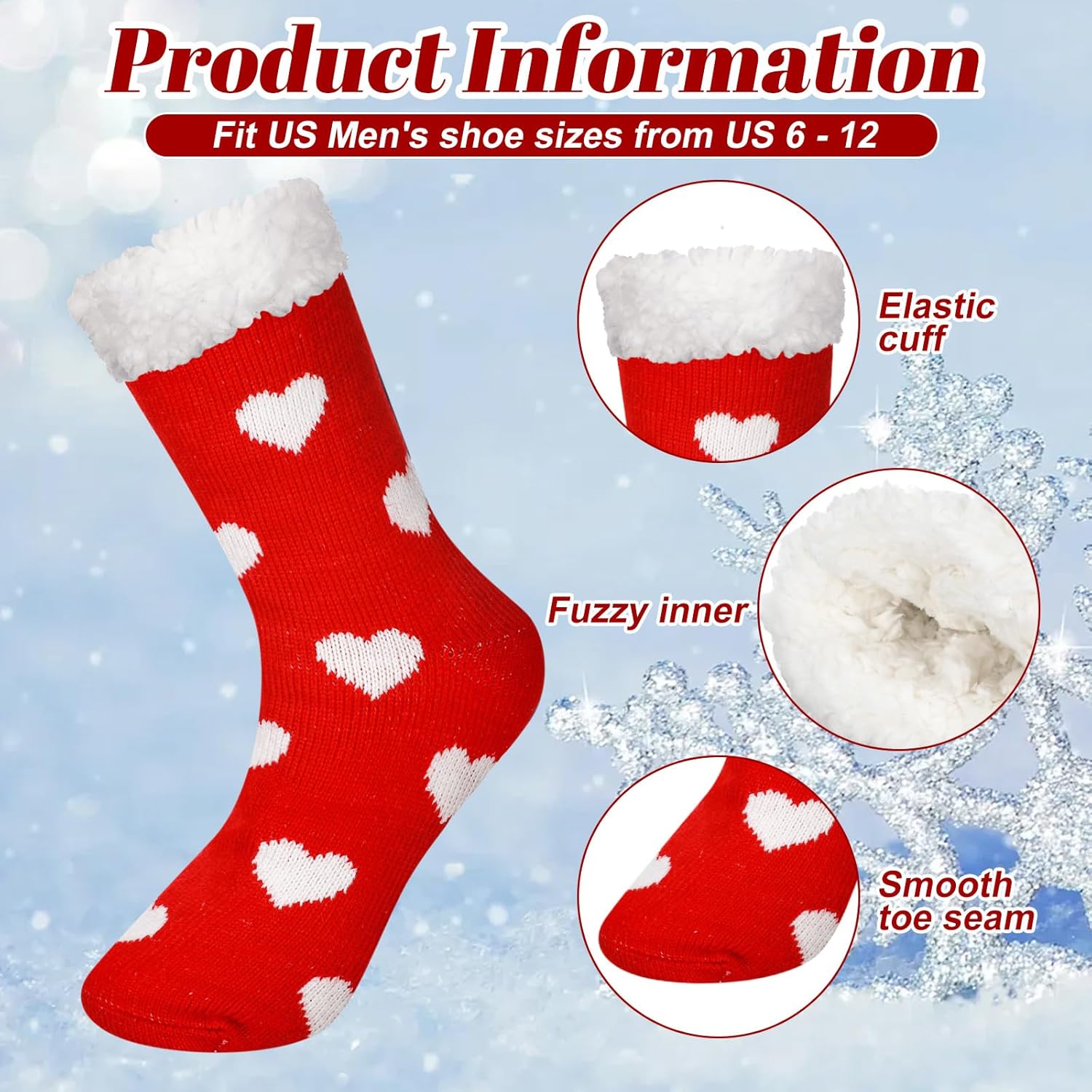 Liitrsh 6 Pairs Valentine's Day Gifts Heart Fuzzy Slipper Socks with Grip for Men Non Slip Fluffy Winter Warm Lamb Fleece Socks for Winter Valentine