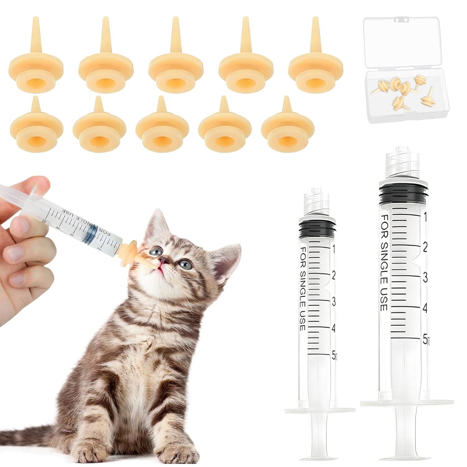 Zestaw do karmienia zwierząt domowych, 10 sztuk silikonowych sutków ze strzykawką 10 ml i 5 ml, butelka do hodowli szczeniaków, psów, kotów lub innych zwierząt domowych, z pudełkiem do