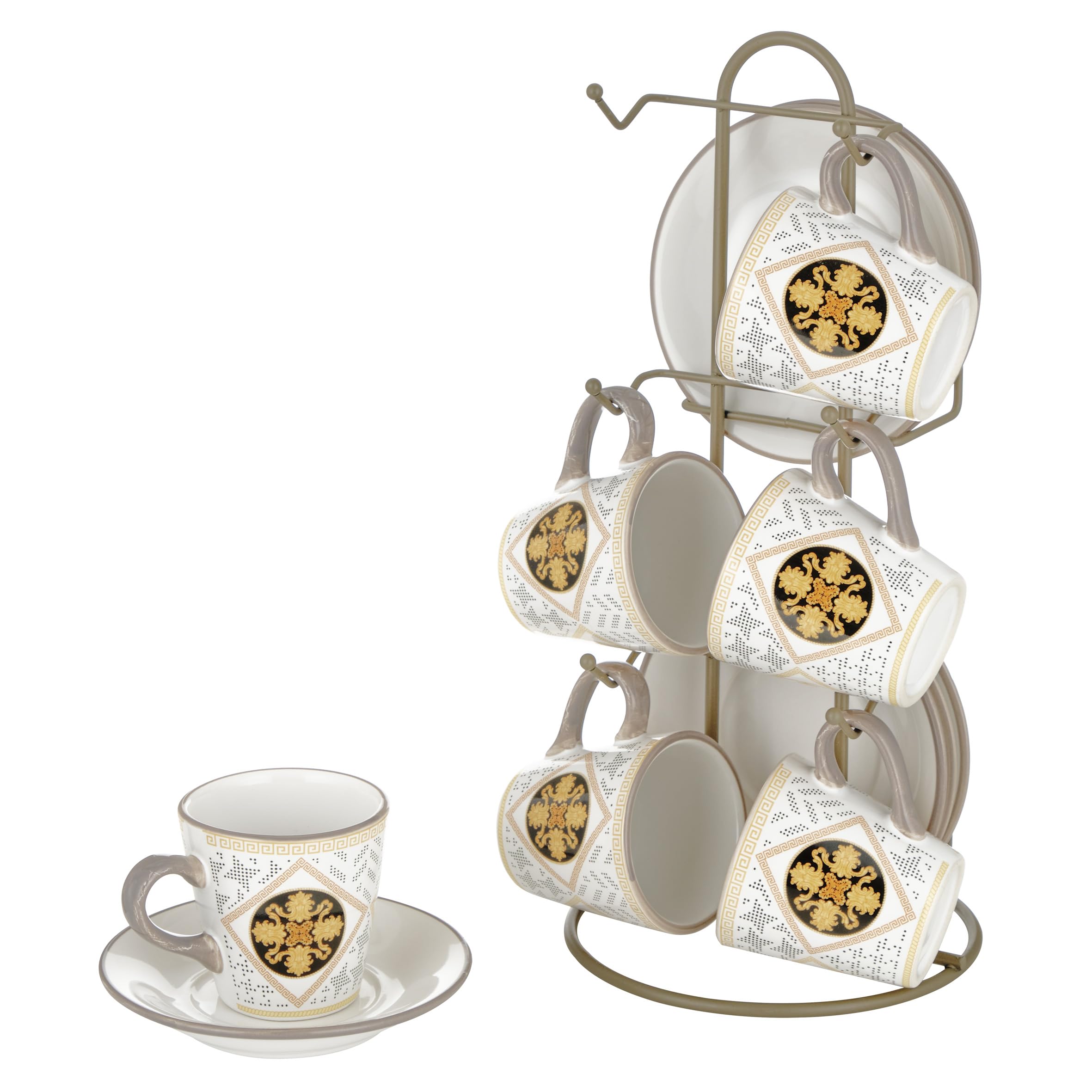 Baroni Home Set di Tazzine Decorate in Ceramica con Piattini e Stand, Accessorio da Cucina Colorato Resistente, Linea Domus, 15x13x29 cm