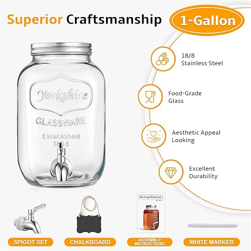 Miniatura 5 de Dispensador de bebidas de vidrio de 1 galón, grifo y tapa de acero inoxidable 188 - Dispensadores de bebidas de vidrio para fiestas - Dispensadores