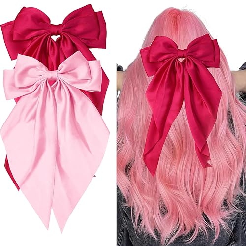 2 lazos para el cabello de satén rosa intenso, pinzas grandes para el cabello de color rosa para mujer, lazos de cinta grande, accesorios para el