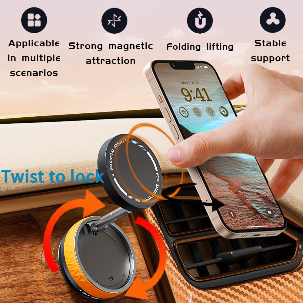 SEVENNI Universal Magnetic Phone Holder - Vacuum Suction & 360° Adjustable Zinc Alloy Stand, Collapsible Car/Desk Mount with Portable Design (128g Lightweight) (Black)