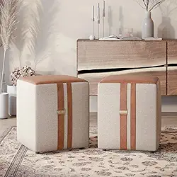 Conjunto 2 Puff Puf Banqueta Sala Couro e Linho 45X35 -Domus- Bege