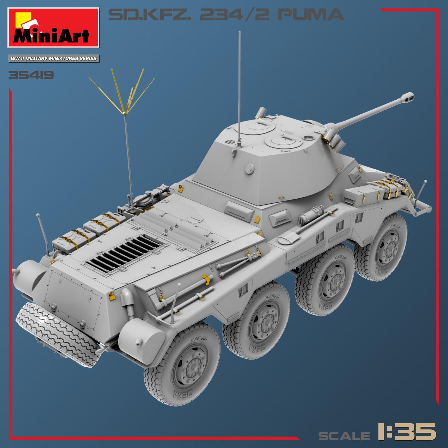 MiniArt 35419 1:35 Sd.Kfz.234/2 Puma – Reproducción fiel a modelo, kit de construcción de plástico, manualidades, afición, pegar, maqueta, montaje, sin barnizar