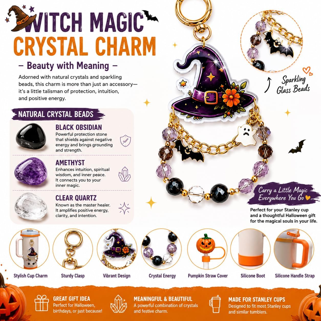 Cute Ghost Halloween Charms Straw Cover Lid Set With Strap Carrier For Stanley Cup 20/30/40 oz Accessories For Owala/BrüMate Era 24/32/40 Oz Water Bottle Holder Brown image 4
