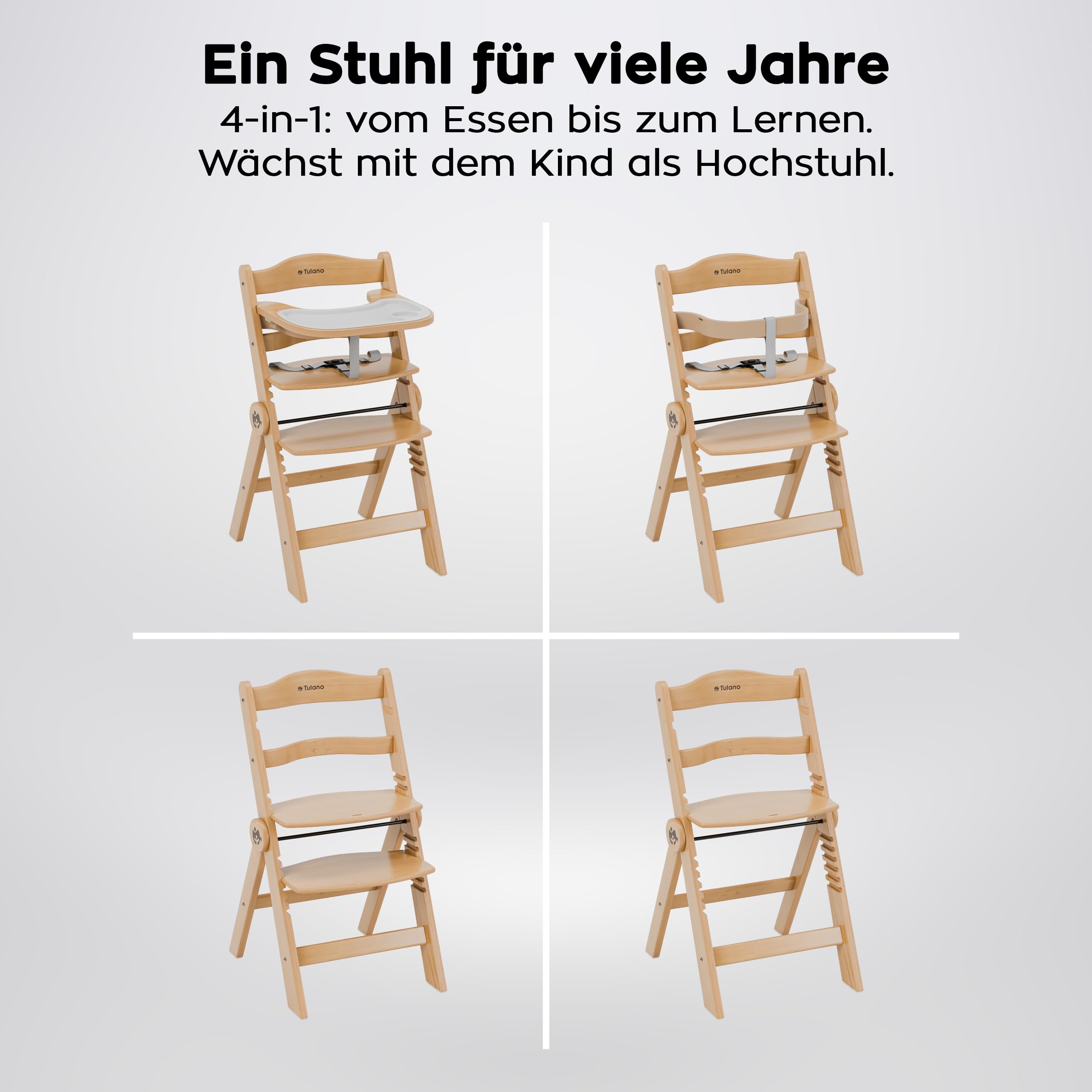 TULANO Morsel 45 Kinderhochstuhl 4in1 aus Holz, Mitwachsend & Verstellbar | von 6 Monaten bis 12 Jahren, Faltbarer Kombihochstuhl mit 3-Punkt-Gurt, Schutzbügel, Essbrett, Belastbar bis 40 kg, Natural