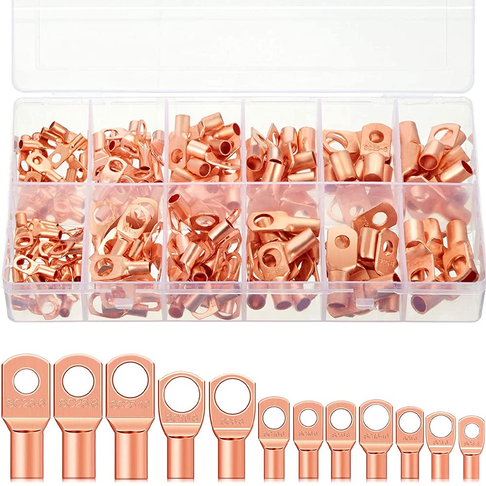 MMOBIEL 170 Pcs Assortment Copper Battery Cable Ends Heavy Duty Wire Lugs AWG4, AWG6, AWG8, AWG10, AWG12 Bolt Hole Copper Terminal Connector Set-Wire Cable Lugs Ring Battery SC Terminals