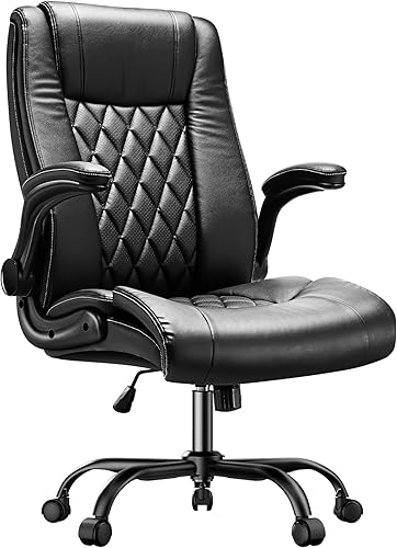 Marsail Silla de oficina ejecutiva con reposabrazos abatibles, silla de escritorio ergonómica de piel sintética, silla de escritorio giratoria de