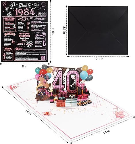 Miniatura 5 de OLOSONG Tarjeta de cumpleaños número 40 para mujeres y ella, regalos de cumpleaños 3D jumbo emergentes de 40 años, de vuelta en 1984, feliz