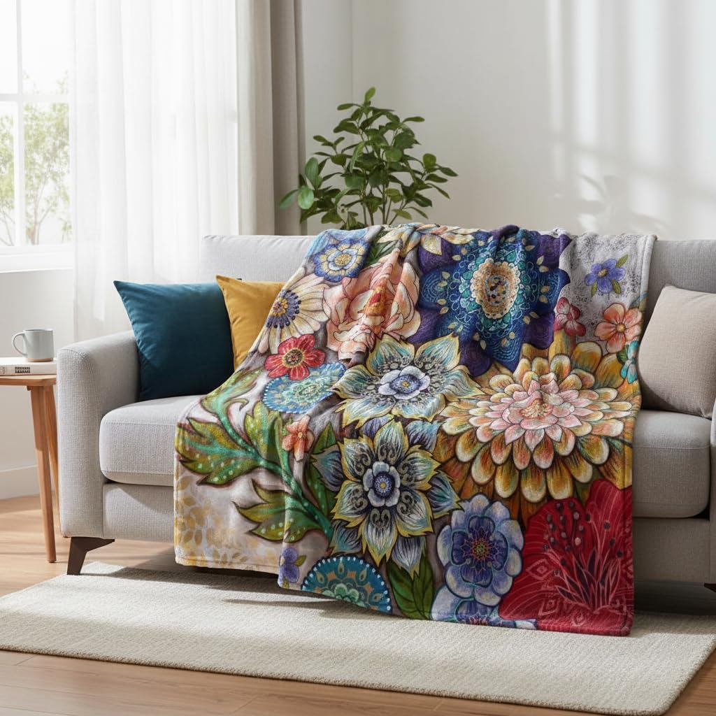 Neasow Floral Fleece Throw Blanket, Vibrant Color Boho Flowers