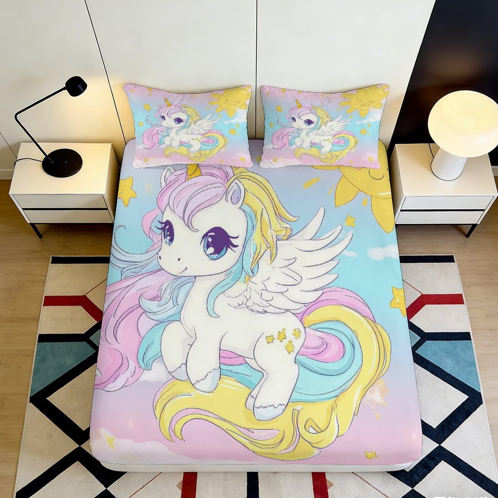 3D Printed Unicorn Fitted Sheet Microfiber Soft Breathable Rainbow Pegasus Bed Cover for Bedroom Dormitory Guest Room Mattress Protection Decor 140x200x25cm