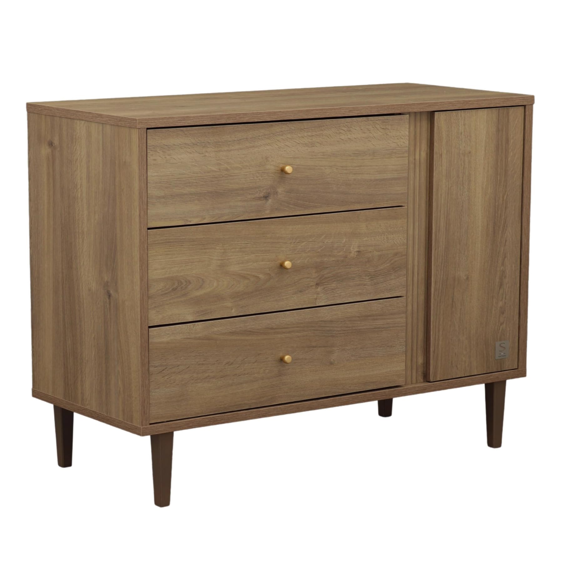 Sauthon Commode 3 tiroirs et 1 Porte avec détail Imitation Bois texturé et Pieds Bois