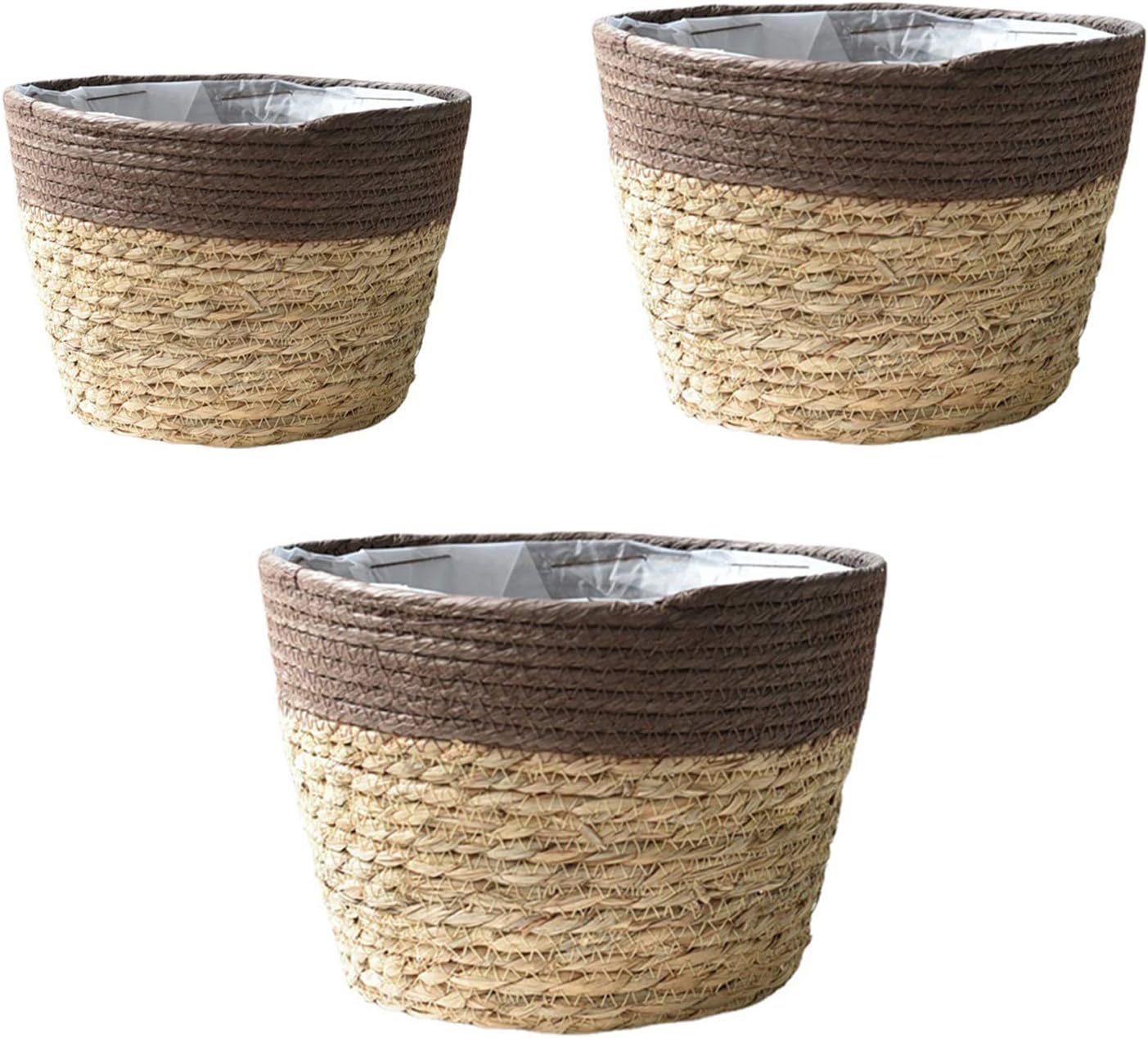 SUFUBAI 3 macetas de pasto marítimo, maceta de paja, maceta tejida a mano con forros de plástico, contenedor de almacenamiento de flores para decoración de jardín y bodas
