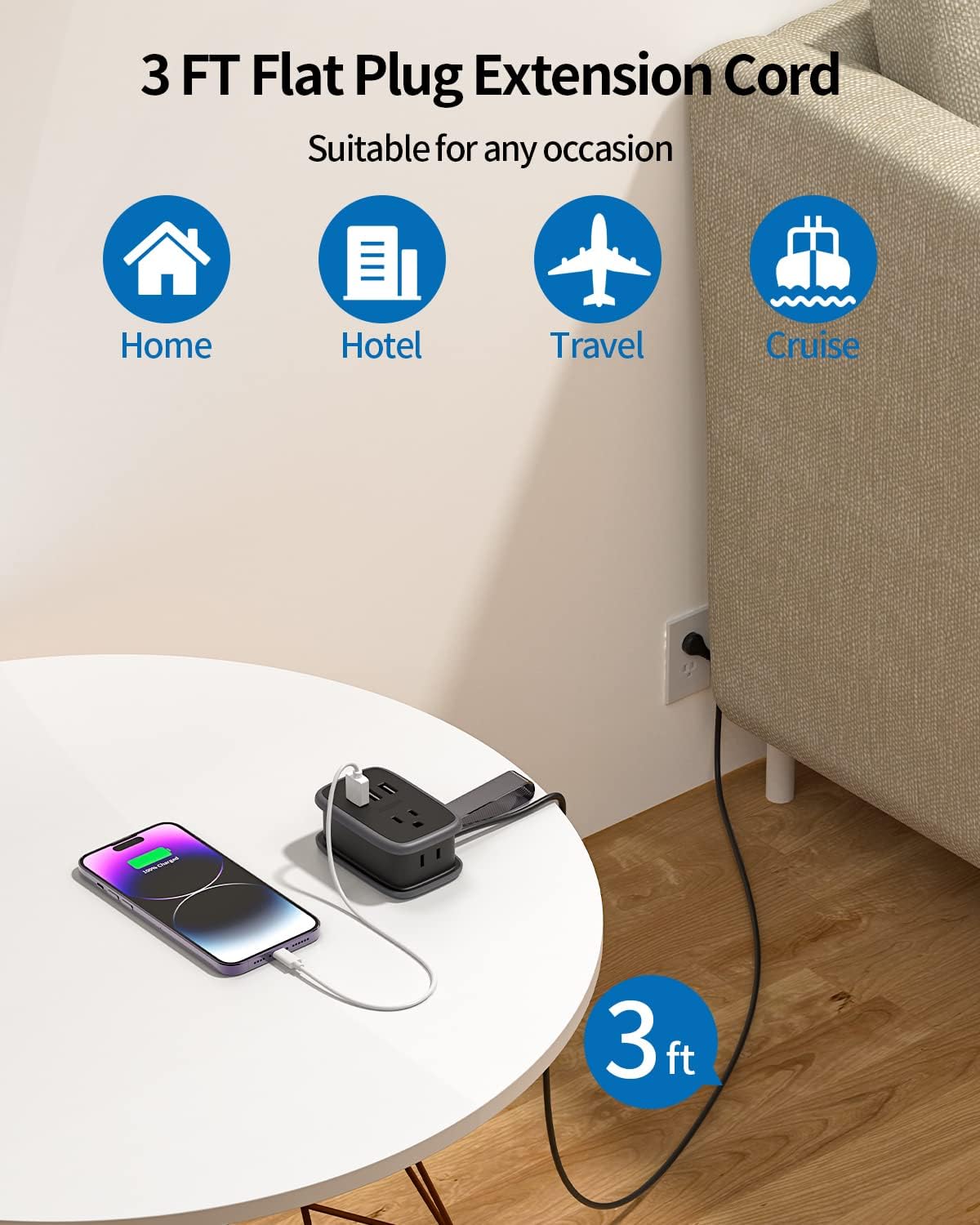 2 Pack Travel Power Strip, NTONPOWER Portable Flat Plug Power Strip with 2 Outlets 3 USB Ports, Wrapped Extension Cord 3 ft, Cruise Approved, Compact Size for Home Office Hotel, Travel Essentials