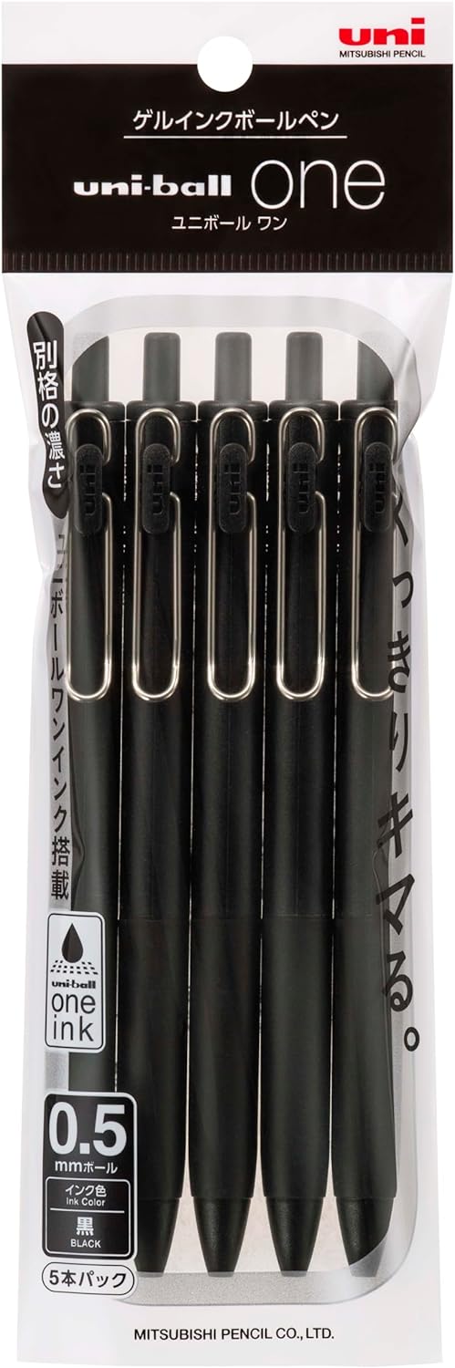 Mitsubishi Pencil UMNS055PBK.24 Uni-Ball One Gel Ballpoint Pen 0.5 Black Shaft 5 Pack