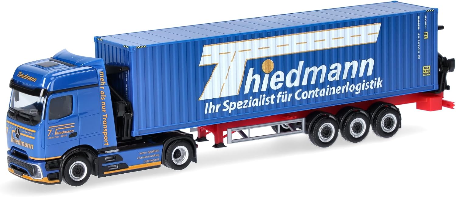 Herpa model ciężarówki Mercedes-Benz Actros L ProCabin Bigspace boczny załadunek kontenerów „Thiedmann”, miniatura w skali 1:87, model kolekcjonerski, Made in Germany, plastik