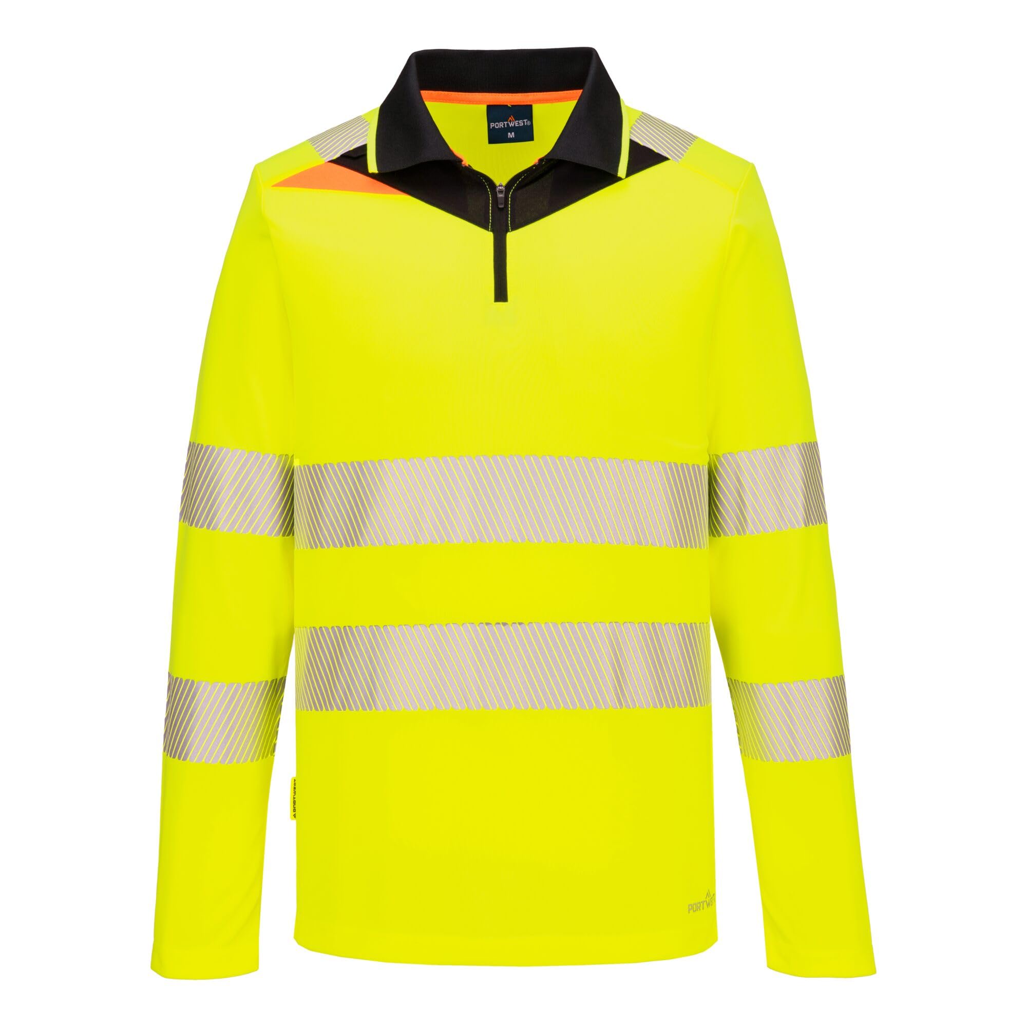 Portwest DX419 DX4 Hi Vis Zip Polo Shirt Long Sleeve Work Top Moisture Wicking Polyester Fabric Segmented Reflective Tape Contrast Collar Slim Fit UPF 40 Protection, Yellow/Black, XX-Large