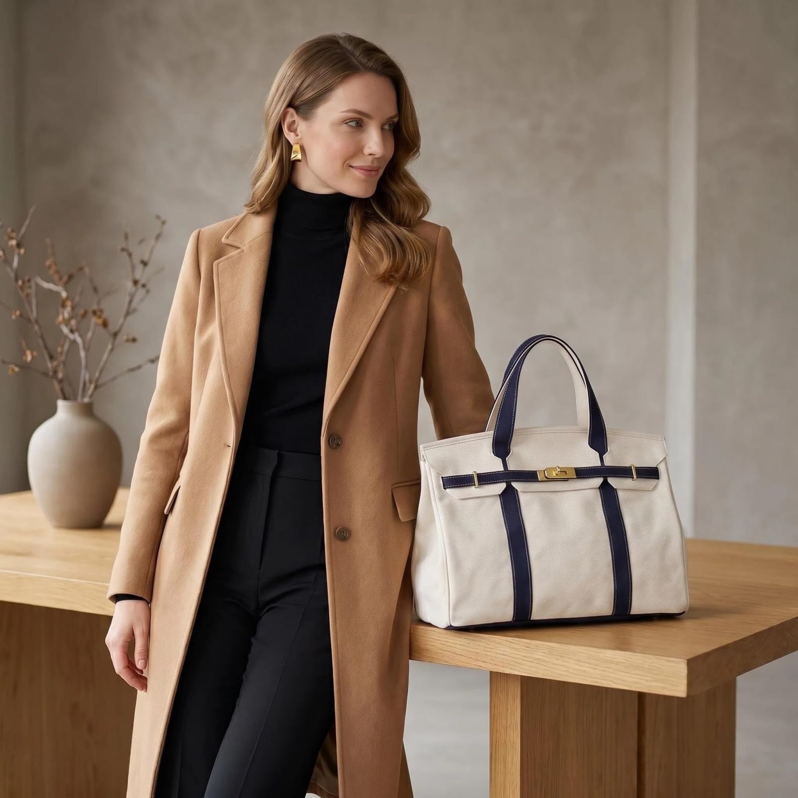 Canvas Shopper Tasche Damen - Großformatige 40x29cm Handtasche Mit Gold Hardware & Anti-Rost Nieten, Elegante Tote Bag Für Arbeit, Uni & Reisen