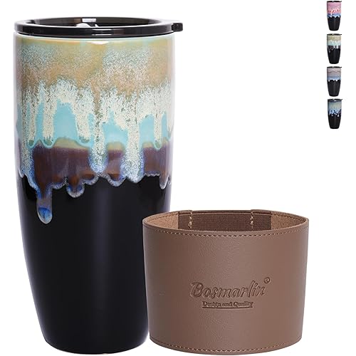 Bosmarlin Ceramic Travel Coffeel Mug with Lid, 18 oz, Portable Coffee Cup for Car Cup Holder, Microwave and Dishwasher Safe, Reactive Glaze (Pastel Blue, 18 Oz)