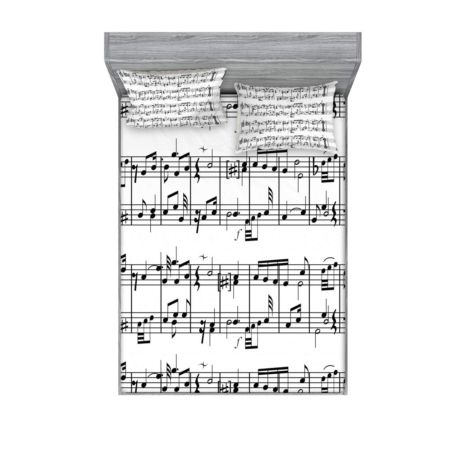 Ambesonne Music Fitted Sheet & Pillow Sham Set, Musical Notes on The Clef Illustration Ornamental Pattern Artwork Print, Decorative Printed 3 Piece Bedding Decor Set, Calking, Charcoal White