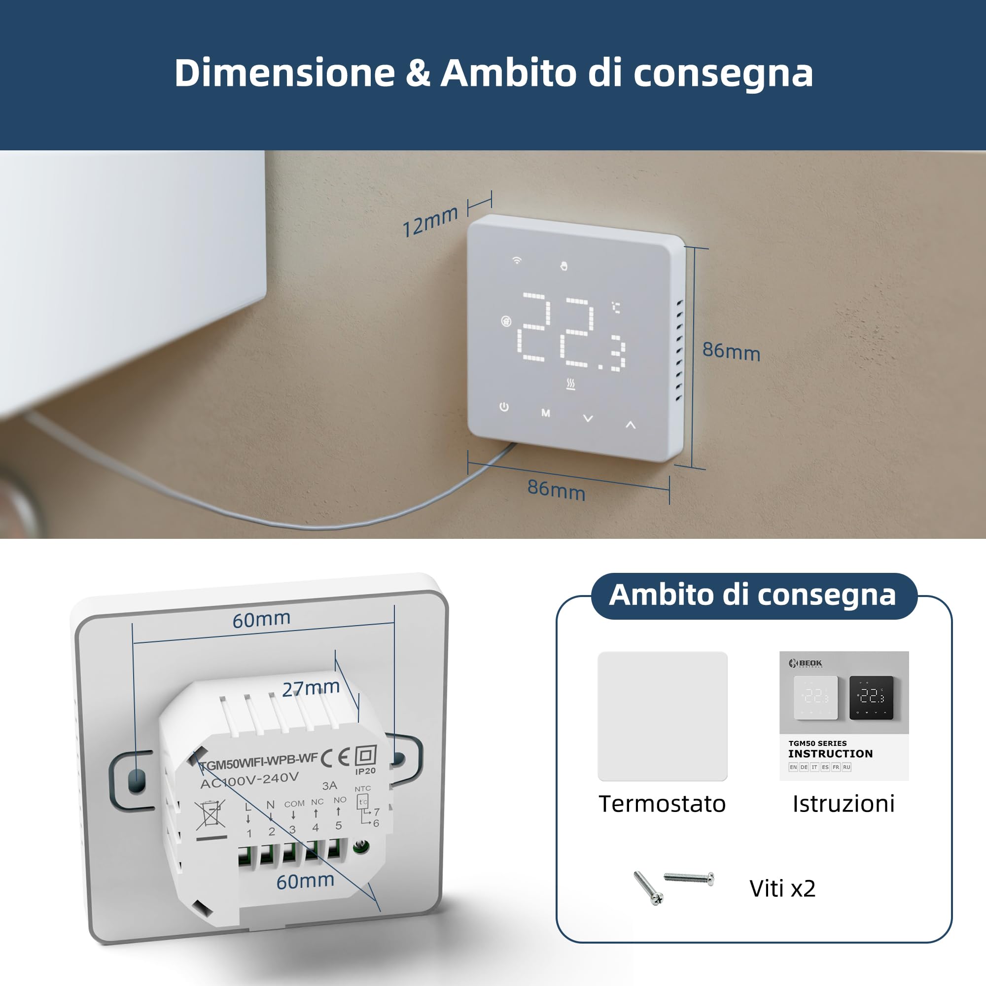 Termostato wifi caldaia a gas,Cronotermostato programmabile settimanale intelligente，termostato controllo con Tuya samrt compatibile con Google Assistant e Alxe,Termostato ambiente digitale TGM-50WPB