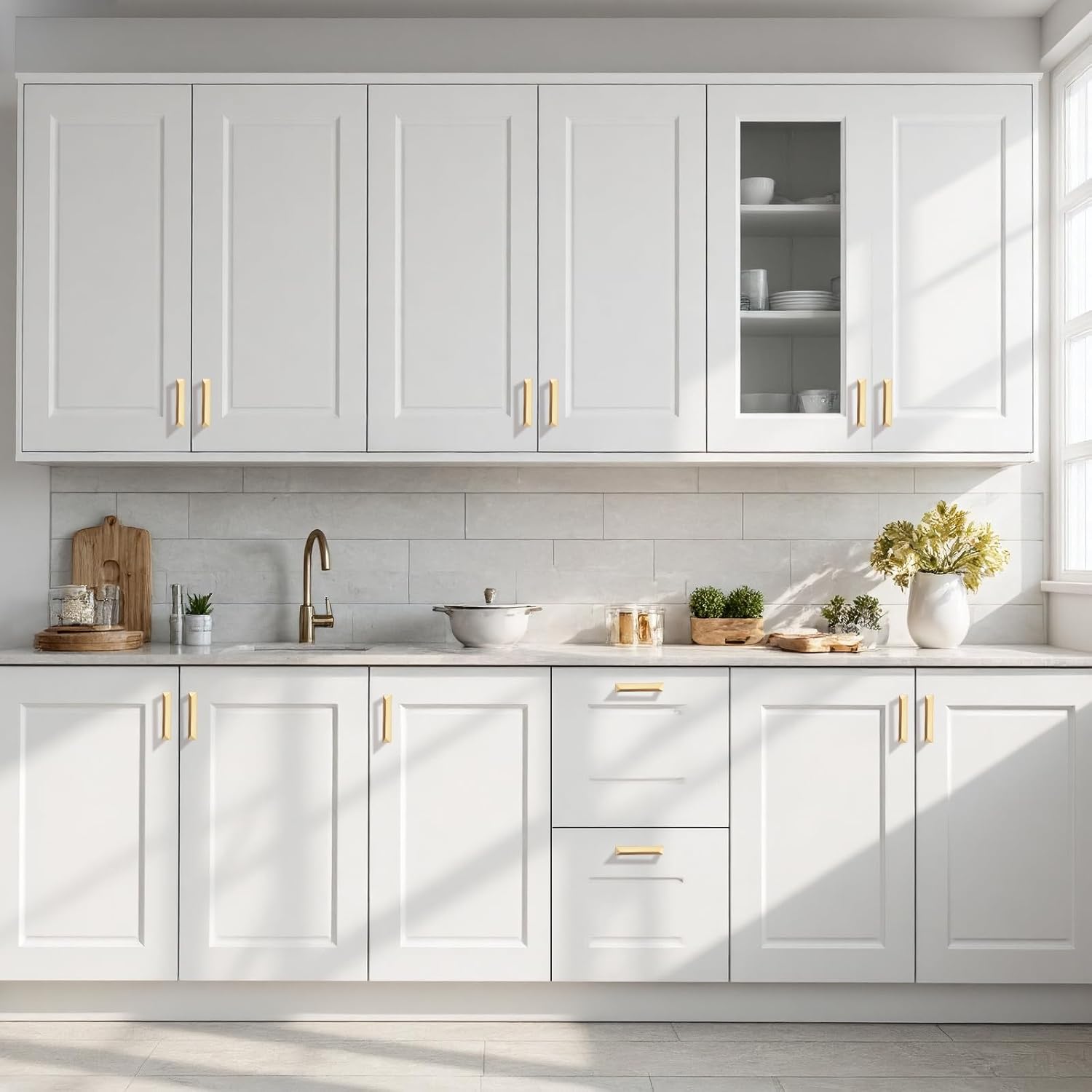 Gobrico 20 Pack 3 inch Hole Centers Cabinet Handles, Brushed Gold Kitchen Cabinet Pulls, Solid Zinc Alloy Drawer Pulls, 3-3/8" Total Length for Bathroom Cupboard