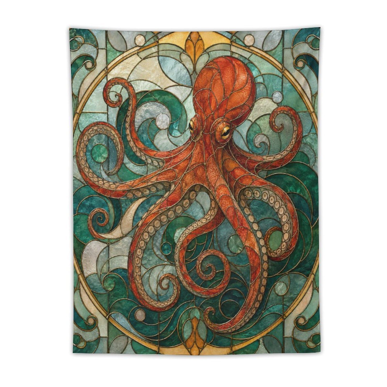 W7C8U2X3 Octopus Stained Glass Wall Tapestry, Art Nouveau, College Dorm