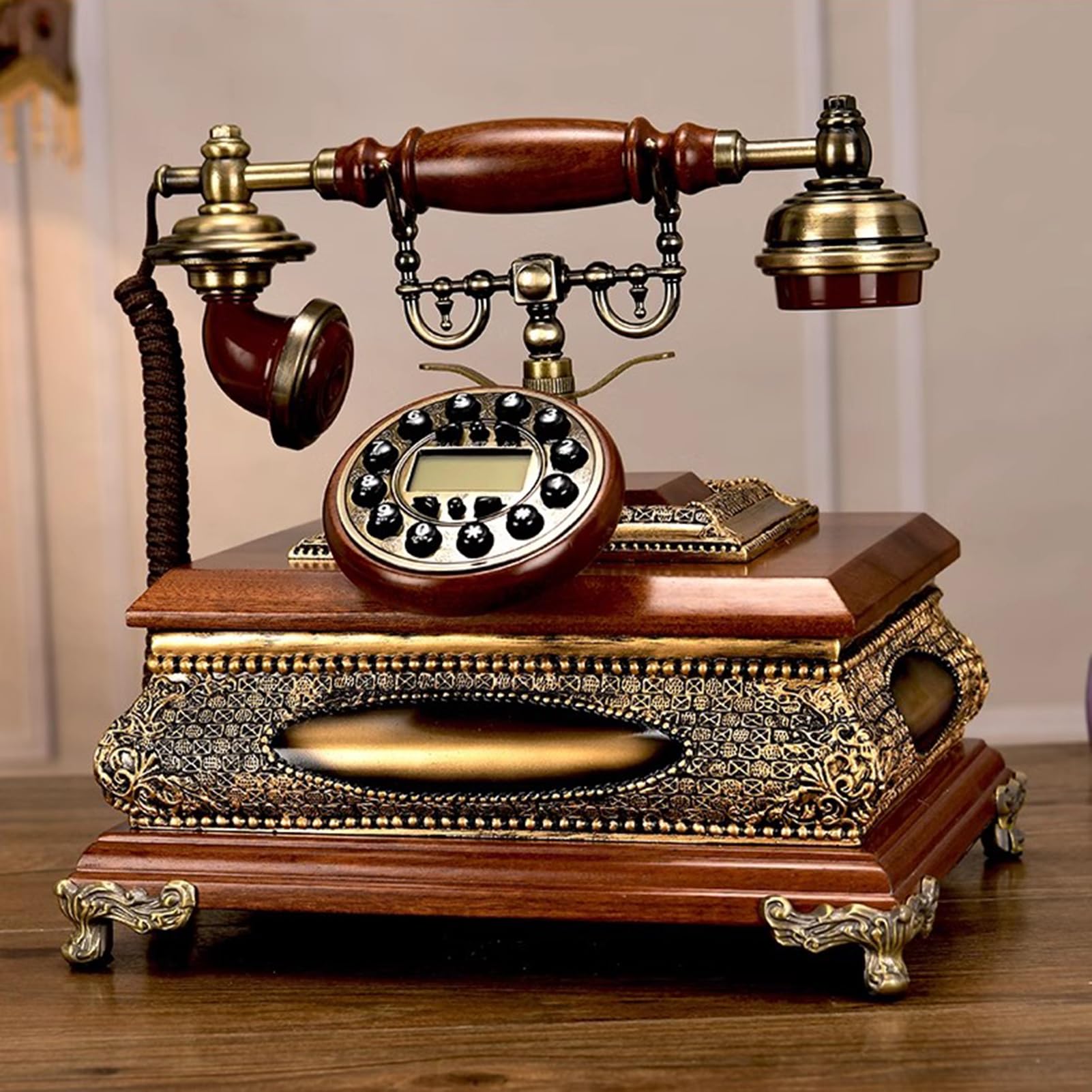 Luksusowy telefon stacjonarny z drewna, retro telefon przewodowy z przyciskiem do dekoracji domu/biura