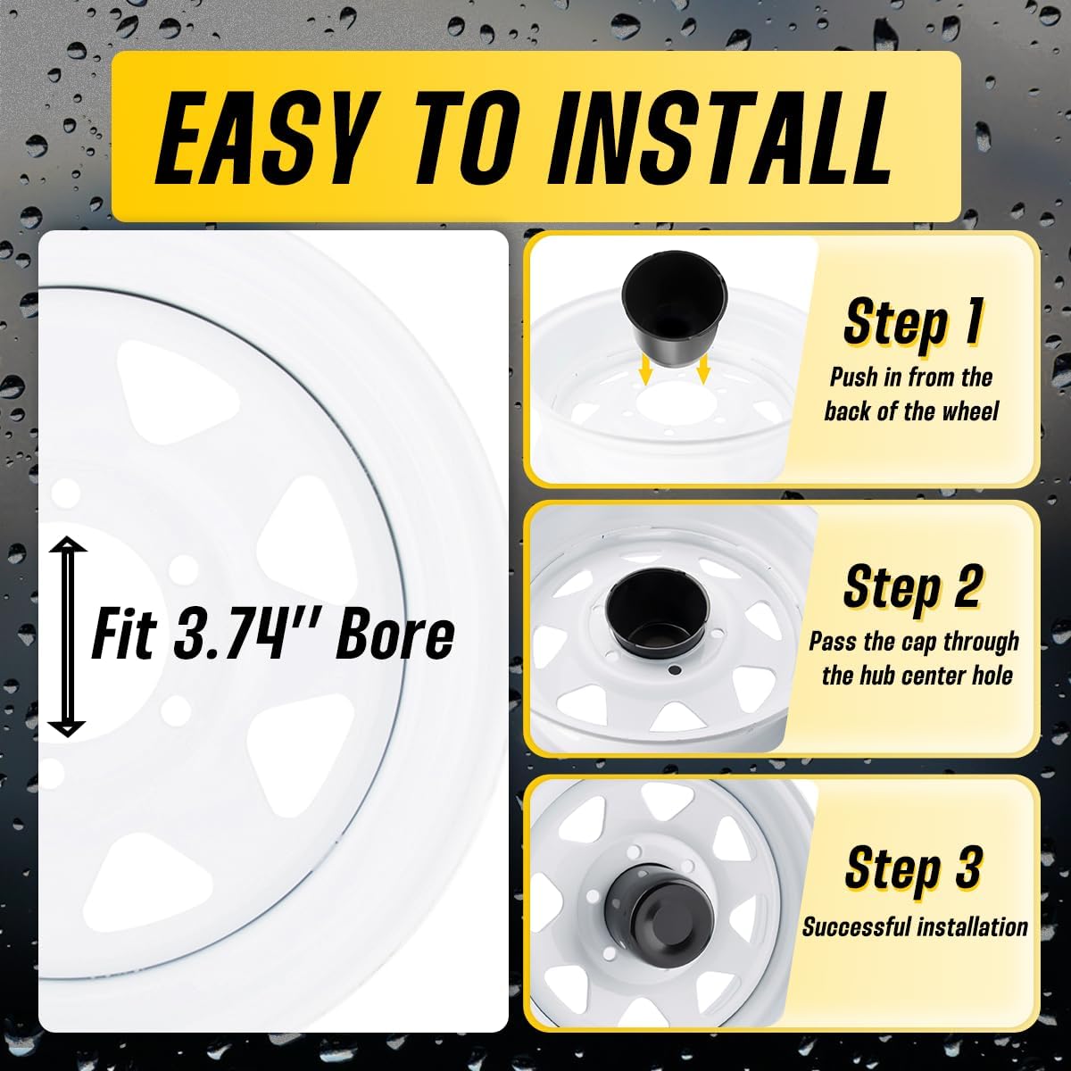 4Pcs 3.74" Push Through Wheel Center Caps Stainless Trailer Hub Cap for Truck SUV RV Wheel Rim (Fit 3.74" Bore 4.33" H Matt Black)