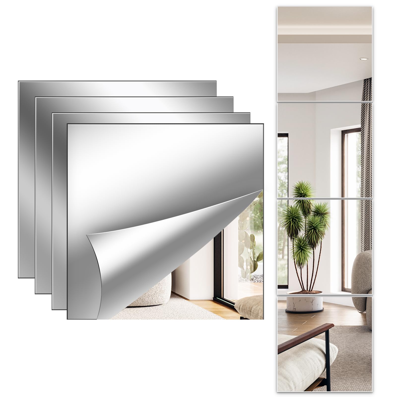 Espejo de pared de longitud completa, 12 x 12 pulgadas x 4 piezas, espejo acrílico irrompible de cuerpo completo para dormitorio, cuadrados, hojas de espejo inastillables, montado en la pared para