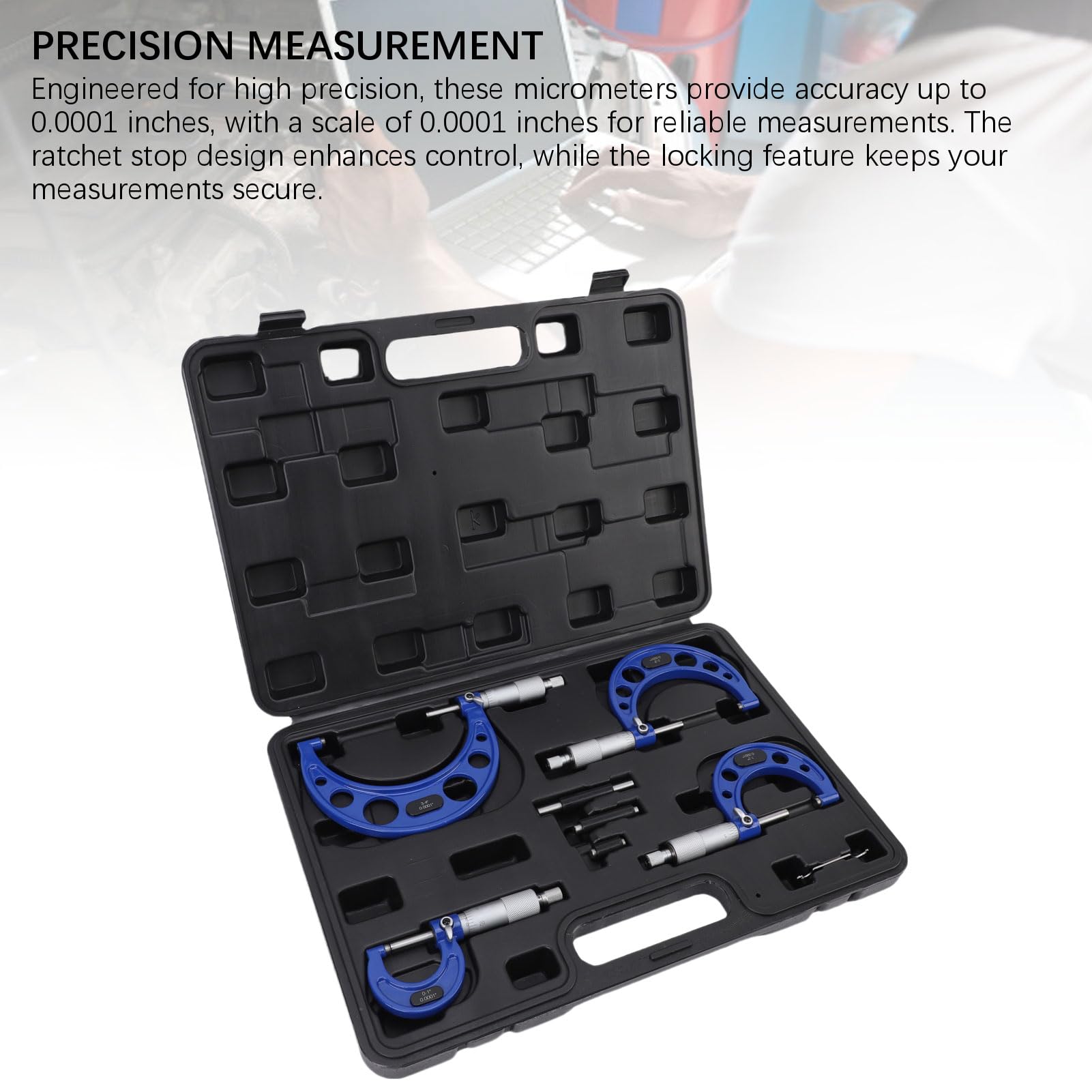 Set Micrometri Esterni, Calibro a Vite e Strumenti di Misura 4 Pezzi da 0-1 1-2 2-3 3-4 Pollici, Graduazione 0,0001 Pollici per Officina e Lavorazioni Meccaniche CNC