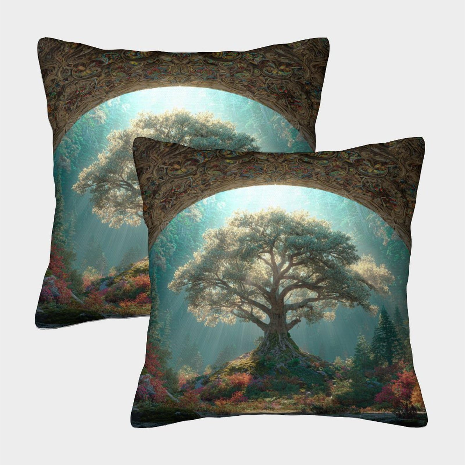 kaiyun 2 Pack Digital Printing 3D The Tree of Life Is Surrounded by Forest Theme Square Cushion Cover 50x50cm Suitable for Outdoor Home Bed Decoration Pattern