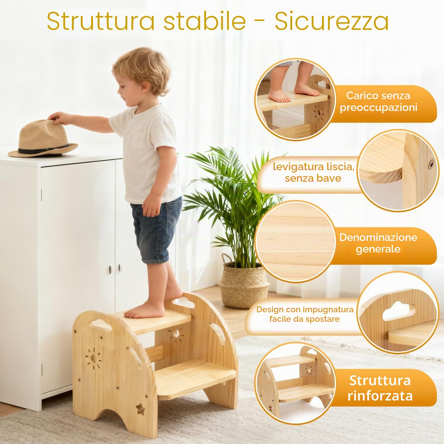 Wooden Step Stool, Sgabello A 2 Gradini In Legno,Sgabello Con Piedini Antiscivolo,Scala Domestica,Mobile, Per Bagno, Cucina, Cameretta Dei Bambini Dai 2 Anni